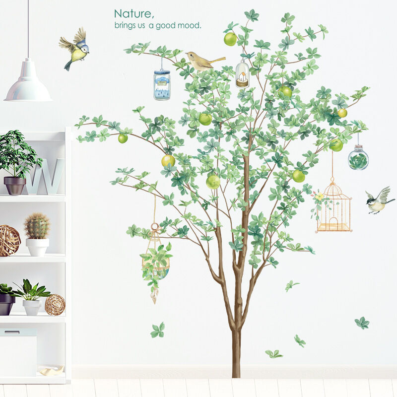 BEBUSINGOTO Oranger et Oiseaux Stickers Muraux Peel Plante en Pot Verts Stickers Muraux pour Chambre Salon Plante Suspendue Sticker Mural Verdure