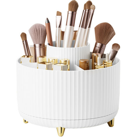BEBUSINGOTO Organizador de maquillaje giratorio de 360°, con 5 compartimentos para guardar lápices y brochas, color blanco (15 x 12,5 cm)