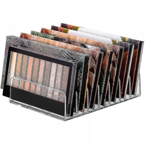 BEBUSINGOTO Organizador de maquillaje para rubor, almacenamiento de cosméticos, organizador de maquillaje de escritorio, 7 compartimentos de plástico para sombras de ojos.
