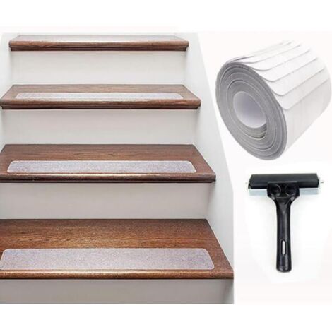 BEBUSINGOTO Pack de 15 peldaños antideslizantes para escaleras - Transparentes - Impermeables - con rodillo de instalación - 10 x 80 cm