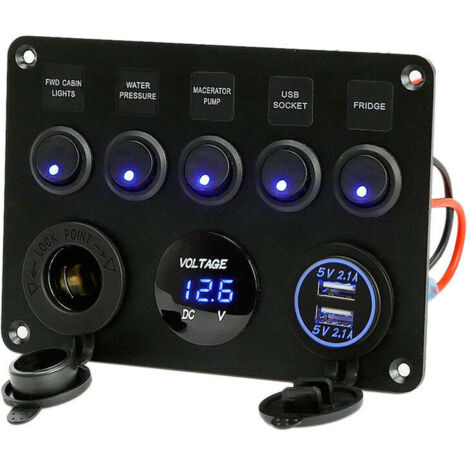 BEBUSINGOTO Panel de interruptores basculantes de 5 vías con doble toma USB de 5 V y 4,2 A, encendedor y voltímetro para barco, coche, caravana, camión, 12-24 V, impermeable, LED azul (5B azul)