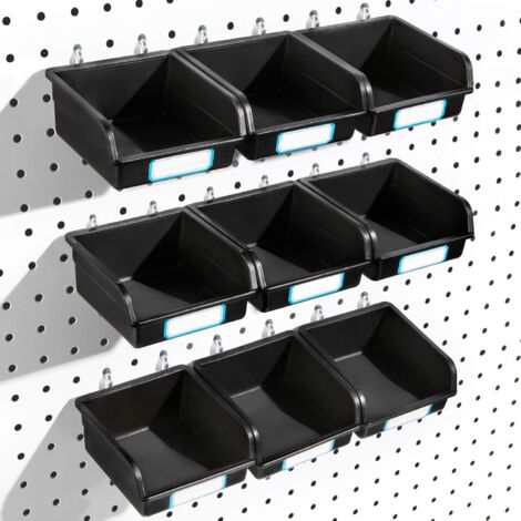 BEBUSINGOTO Paquete de 10 contenedores de tablero perforado con ganchos para organizar accesorios, color negro, 90 x 80 x 45 mm