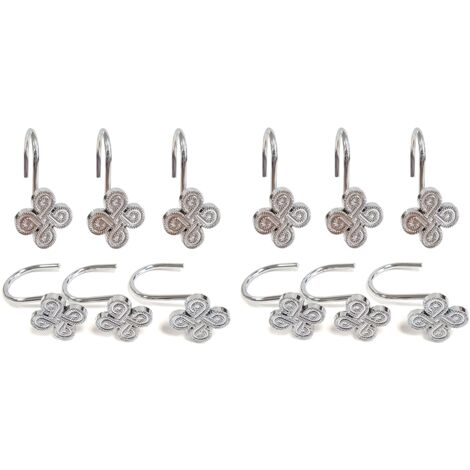 BEBUSINGOTO Paquete de 12 ganchos cromados para cortina de ducha: anillos de metal plateado inoxidables para cortina de ducha - Ganchos con forma de trébol para colgar cortinas