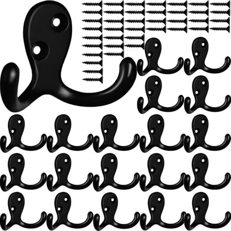 BEBUSINGOTO Paquete de 20 ganchos de pared resistentes para colgar abrigos, ganchos dobles inoxidables, para llaves, toallas, bolsos, tazas y sombreros (20 unidades negras)