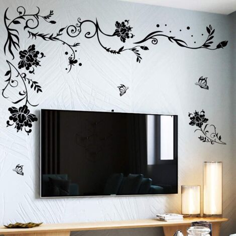 BEBUSINGOTO Pegatina de pared con diseño de flor de vid, color negro, mariposa, decoración de pared, vinilo extraíble, bricolaje, para dormitorio, sala de estar, sofá, TV, fondo.