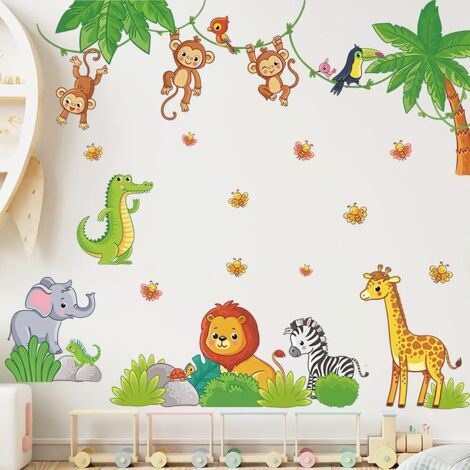 BEBUSINGOTO Pegatinas de pared de animales de la selva, calcomanías de animales de dibujos animados, mono, jirafa, león, cebra, elefante, decoración de pared, vinilo DIY, arte de pared para habitación