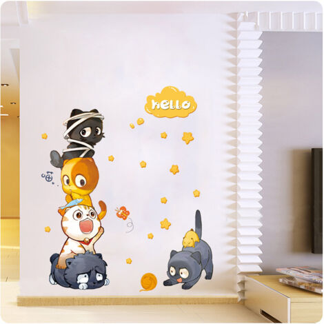 BEBUSINGOTO Pegatinas de pared de gatos súper lindas, calcomanías de animales de dibujos animados para dormitorio, sala de estar, TV, pared, puerta, decoración, murales