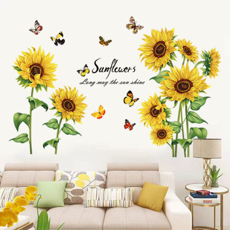 BEBUSINGOTO Pegatinas de pared de girasoles de verano, flores de jardín, mariposas, decoración de pared para dormitorio, sala de estar, TV
