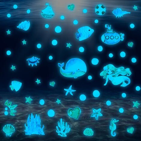 BEBUSINGOTO Pegatinas de pared de peces marinos que brillan en la oscuridad, impermeables, extraíbles, con diseño de animales marinos para baño de niños, decoración de criaturas del océano en acuarela