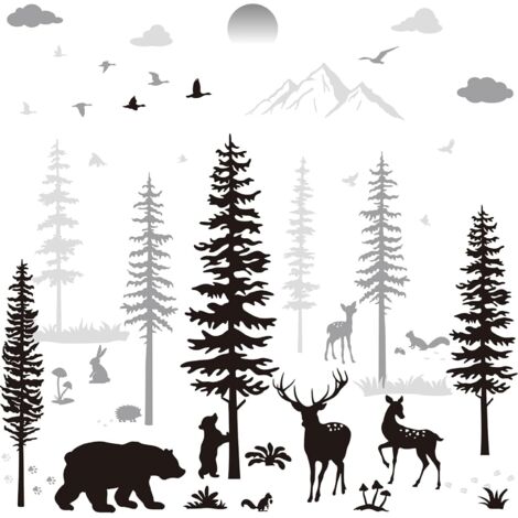 BEBUSINGOTO Pegatinas de pared para habitación infantil, diseño de ciervos del bosque, oso, pino y papel pintado mural para habitación infantil, vinilos extraíbles.