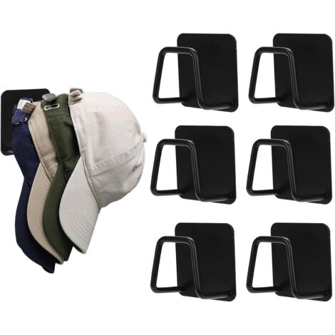 BEBUSINGOTO Perchero de pared metálico para gorras de béisbol (6 unidades), ganchos adhesivos (negro)