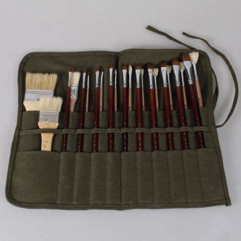 BEBUSINGOTO Pinseltasche, Canvas-Ölpinseletui, Aufbewahrungstasche 22 Fächer, Armeegrün