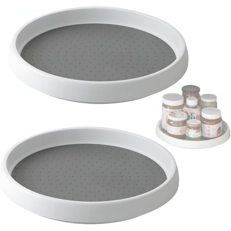 BEBUSINGOTO Plato giratorio de plástico para cocina, 2 unidades, multifunción, para condimentos, para cocina, despensa o refrigerador (blanco, gris)