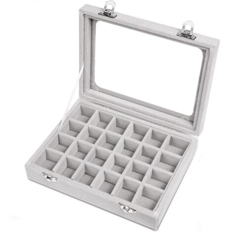 BEBUSINGOTO Présentoir à bijoux en verre velours à 24 grilles, boîte de rangement pour bagues, boucles d'oreilles, support de rangement (gris)