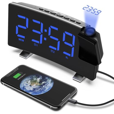 BEBUSINGOTO Radio despertador con proyección de 180° para techo, reloj digital USB FM con alarmas duales y temporizador de apagado automático, 12/24 h (azul)