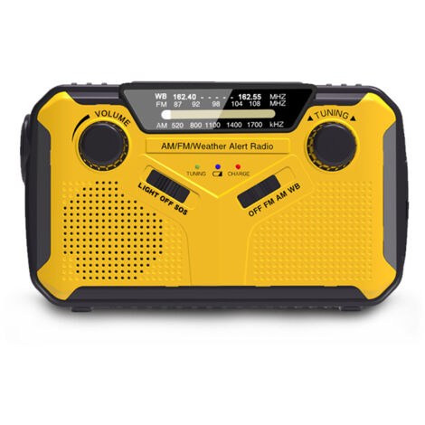 BEBUSINGOTO Radio portátil con dinamo, radio solar AM/FM con manivela, funciona a batería con batería externa de 2500 mAh, linterna LED, alarma SOS y altavoz, ideal para senderismo y actividades al ai