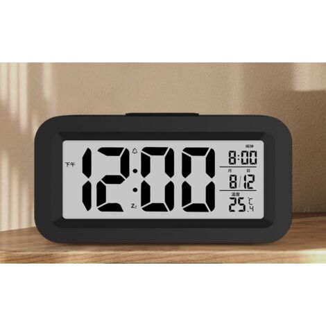BEBUSINGOTO Reloj despertador digital, silencioso, a pilas, para niños y adultos, con pantalla LED grande, calendario de temperatura (negro)