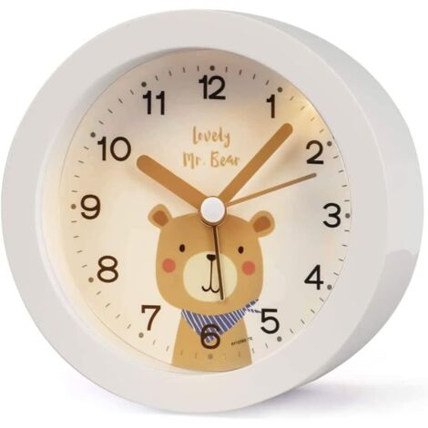 BEBUSINGOTO Reloj despertador para niños, silencioso, de viaje, de escritorio, con campana doble luminosa para habitaciones infantiles (blanco)