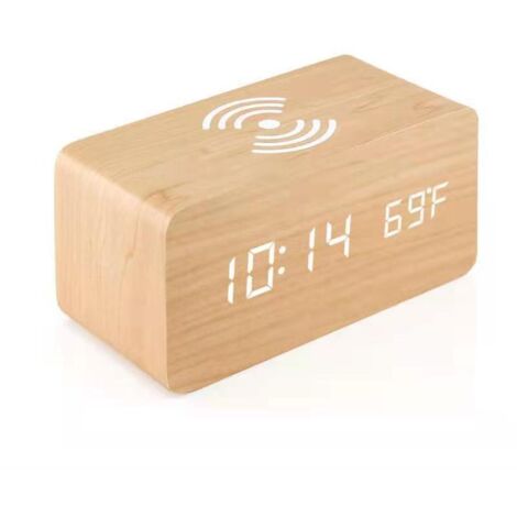 BEBUSINGOTO Réveil en bois avec chargeur sans fil Qi compatible avec iPhone Samsung Horloge numérique LED en bois Fonction de contrôle du son, heure, date, affichage de la température pour chambre à
