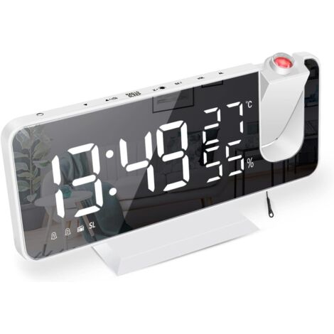 BEBUSINGOTO Reveil Projecteur,Radio Réveil avec Température,Humidité,Ecran LED Miroir de 7,5 Pouces, avec Fonction de Gradation Automatique, (Blanc)