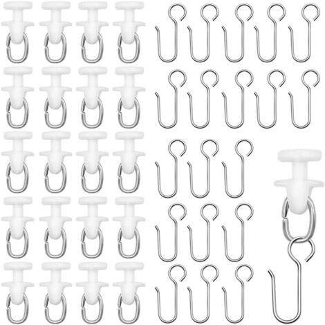 BEBUSINGOTO Riel de cortina blanco de 60 piezas, polea deslizante de plástico con 60 ganchos de metal para puerta, ventana, cortina de ducha