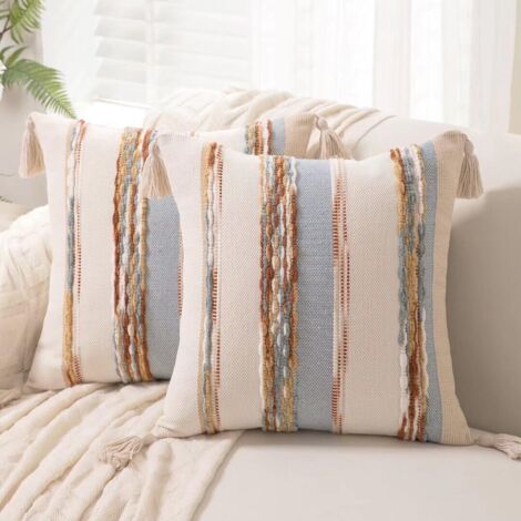 BEBUSINGOTO Set aus 2 Kissenbezügen im Boho-Stil, 45 x 45 cm, gewebt und gesteppt, Landhausstil, mit Quasten, strukturiertem Streifenmuster, neutral, hellblau