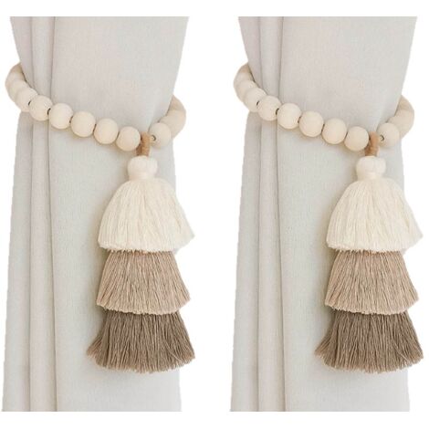 BEBUSINGOTO Set mit 2 magnetischen Vorhanghaltern mit Holzperlen, Vorhangclips im Boho-Stil, für die Kinderzimmerdekoration (Quasten)