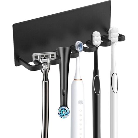 BEBUSINGOTO Soporte para cepillo de dientes de acero negro con 5 orificios, montaje adhesivo sin perforaciones, apto para cepillos de dientes eléctricos, para baño, espejo de pared, ducha inclinada, n