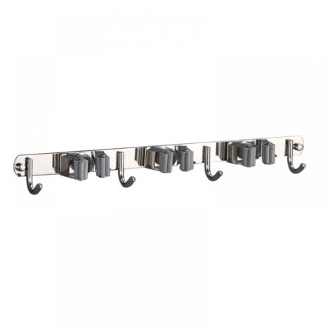 BEBUSINGOTO Support mural en acier inoxydable 304 pour balai et serpillère avec 3 supports et 4 crochets