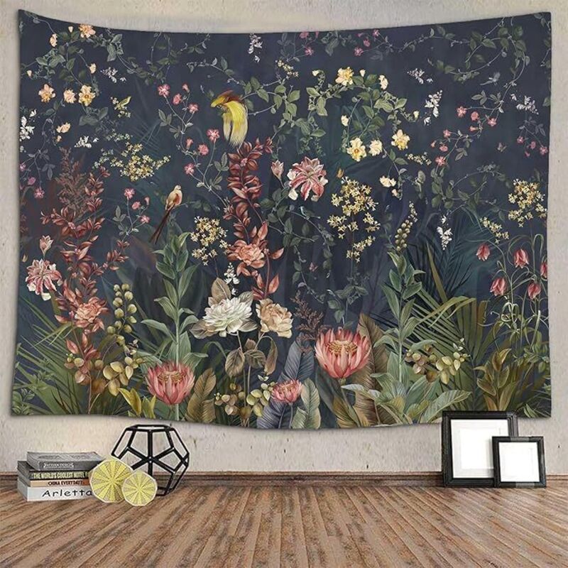 BEBUSINGOTO Tapisserie de fleurs et d'oiseaux de la jungle, tapisserie de fleurs de plantes naturelles foncées 150130 cm, tenture murale adaptée à la