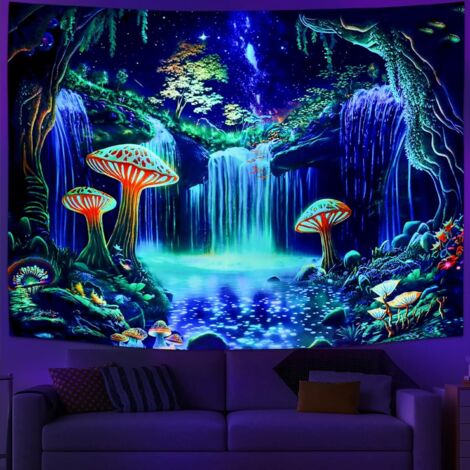 BEBUSINGOTO Tapiz de bosque de fantasía, tapiz de cascada con efecto UV, tapiz psicodélico de cielo estrellado, tapiz de plantas naturales neón, decoración para colgar en la pared (largo: 150 cm x alt