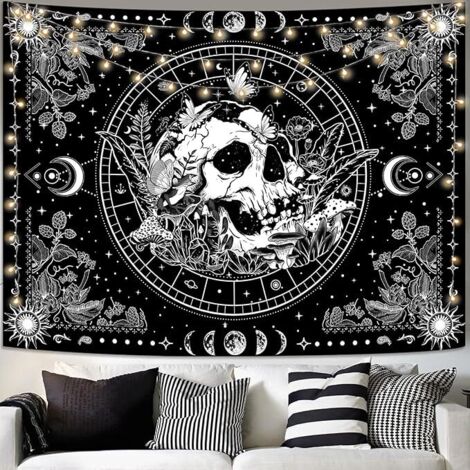 BEBUSINGOTO Tapiz de calavera en blanco y negro para dormitorio, diseño hippie de calavera, hongo, planta natural, flores, para sala de estar y dormitorio (negro, 80 x 60 pulgadas)