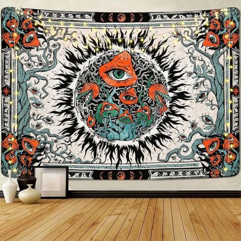 BEBUSINGOTO Tapiz de hongo/sol ardiente, ojos hippies, mandala, enredadera, fases lunares, tapiz para colgar en la pared (130 x 150 cm)