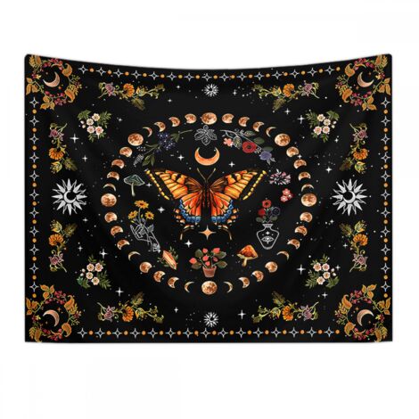 BEBUSINGOTO Tapiz de mariposa naranja, luna y flores, estilo bohemio, para colgar en la pared, estilo botánico, floral, para dormitorio, estilo vintage, para sala de estar y dormitorio (95 x 75 cm)