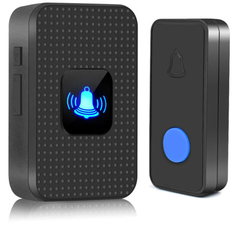 BEBUSINGOTO Timbre inalámbrico, minitimbre IP55, impermeable, para exteriores, alcance de 300 m, 55 melodías a 5 niveles de volumen, LED azul para emergencias en casa, oficina, hotel, color negro.