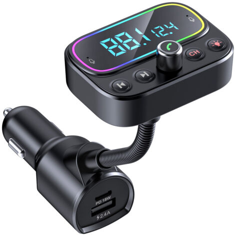 BEBUSINGOTO Transmisor FM Bluetooth con micrófono dual, [Apaga la FM con un solo botón] Kit manos libres inalámbrico para coche con 3 puertos USB (PD18W y QC3.0), retroiluminación LED de 9 colores, c