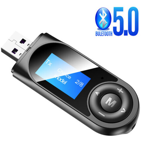 BEBUSINGOTO Transmisor y receptor Bluetooth 5.0, adaptador de audio Bluetooth 2 en 1 con pantalla LCD visible, transmisor USB inalámbrico Bluetooth para auriculares, TV, PC y sistema estéreo para coc