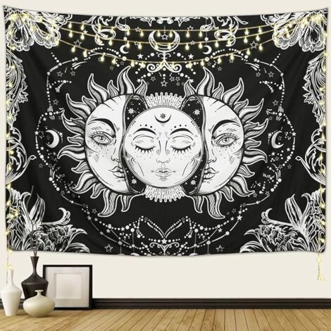 BEBUSINGOTO Wandteppich mit Sonne und Mond, Sonne und Sterne, psychedelischer Pop, mystischer Wandteppich für das Schlafzimmer, ästhetische schwarz-weiße Stranddecke (150 x 130 cm)