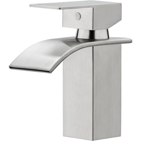 Bec Cascade Robinet Salle de Bains, Mitigeur Lavabo à Une Poignée, Robinet Lavabo RV, Acier Inoxydable, Nickel Brossé
