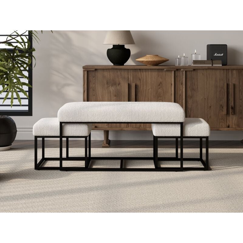 Deco In Paris - beckie - Banquette avec poufs en tissu bouclette blanc écru et pieds en métal noir beckie
