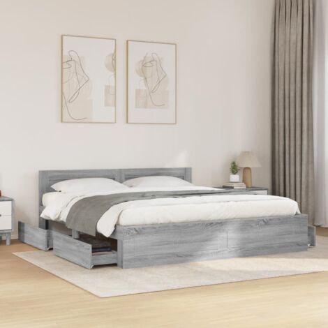 Bed Frame with Headboard without Mattress Grey Sonoma 180x200 cm Super King vidaXL