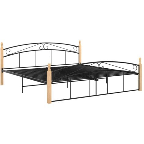 Bed Frame without Mattress Black Metal&Solid Oak Wood 180x200 cm Super King vidaXL
