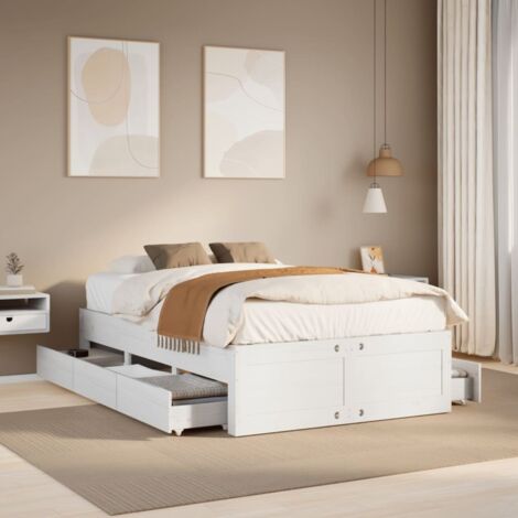 Bed Frame without Mattress with Drawers White 135x190 cm Double Solid Wood Pine vidaXL