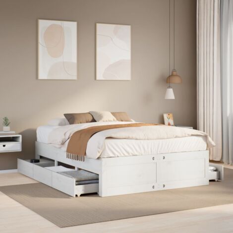 Bed Frame without Mattress with Drawers White 150x200 cm King Size Solid Wood Pine vidaXL