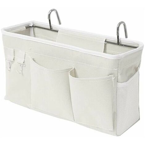 Bed Organizer Bed Bag with Hooks Hanging Pocket Loft Bed Storage Bag for Book, Magazine, Cell Phone, Headphone Bed Storage (White)