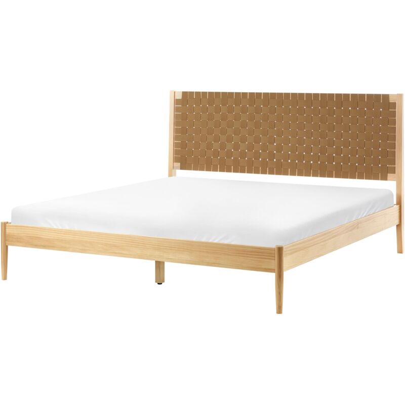 Beliani Bed Light Brown Pine Wood Frame Eu 6ft Fabric Upholstered Headboard With Slatted Base Brunemont