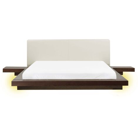 Bed with LED Faux Leather ZEN 160 x 200 cm (EU King Size) Dark Ash Wood