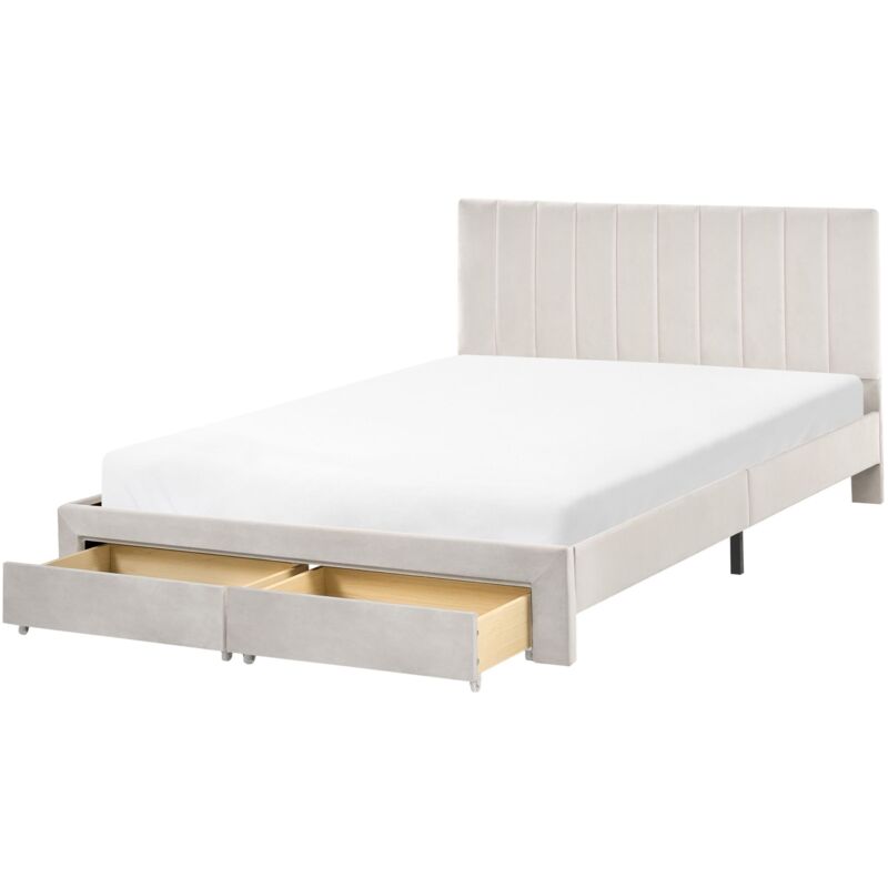 Beliani Bed With Storage Drawers Velvet Lonzac 140 X 200 Cm (eu Double) Off-white