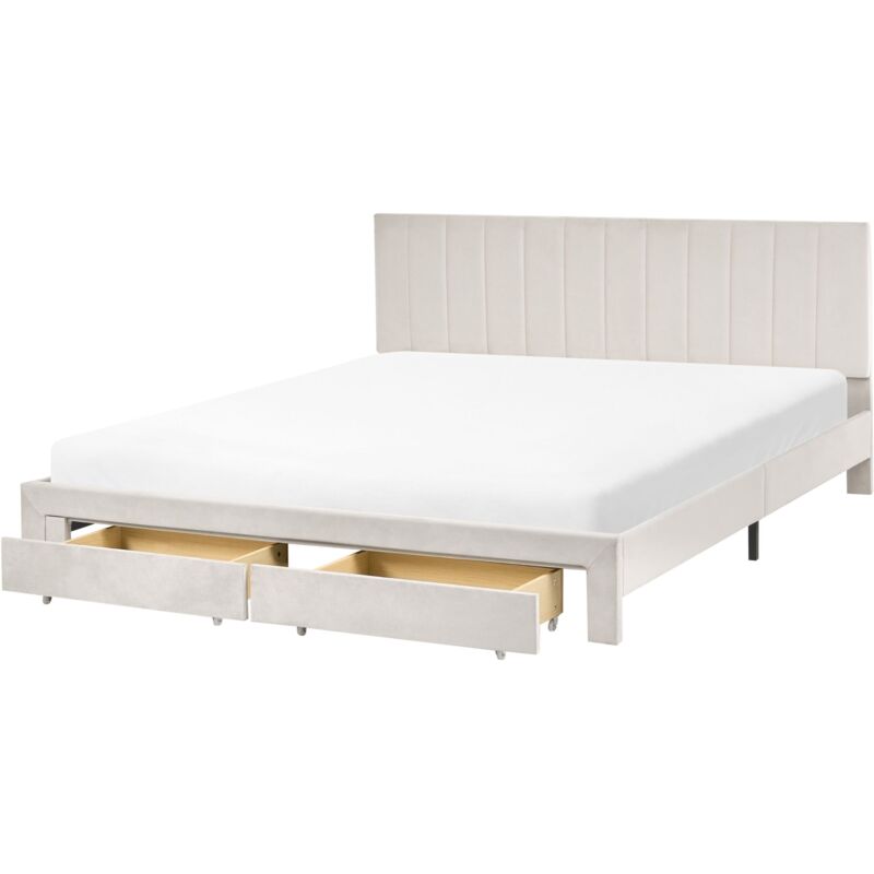 Beliani Bed With Storage Drawers Velvet Lonzac 180 X 200 Cm (eu Super King) Off-white