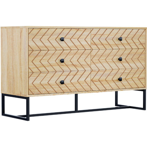 Bedroom Chest of Drawers, 6 Drawer Dresser, Sideboard Cabinet with Zigzag Design and Metal Base, Storage Drawer Unit, 120x71cm, Natural